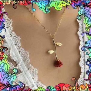 Beautiful Red Rose Pendant w/ Gold Stem& Chain (N2
